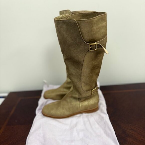 Jimmy Choo Suede Rabbit Fur Lined Gold Boots - Picture 4 of 5